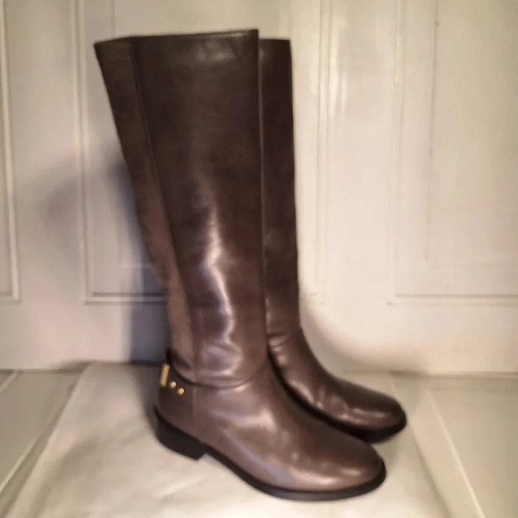 Cole Haan Adler Grey Riding Boot Leather/Suede With Gold Accent Buckle 6 1/2 - Picture 3 of 13